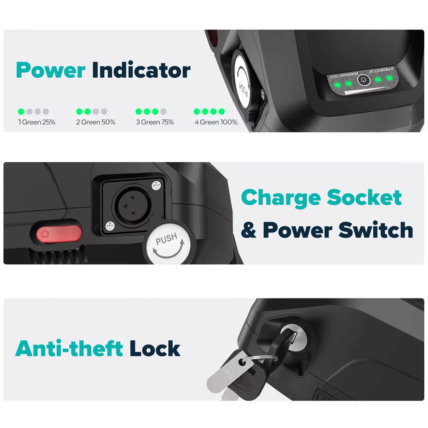 Battery features include a power indicator, power switch and anti-theft lock